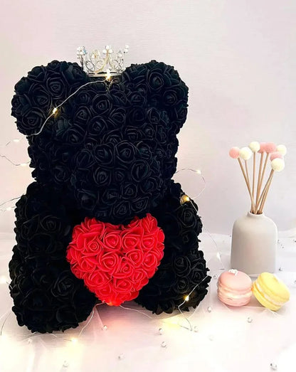 35cm Black Rose Bear with Red Heart and Fairy Lights The Rose Ark