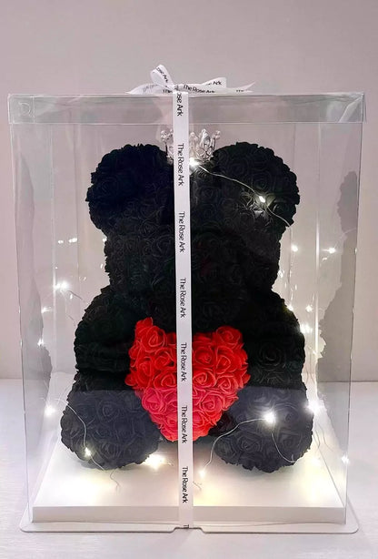 35cm Black Rose Bear with Red Heart and Fairy Lights in Box The Rose Ark