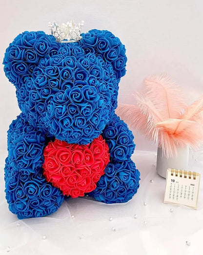 35cm Blue Rose Bear with Red Heart and Crown The Rose Ark