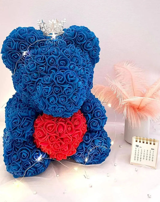 35cm Blue Rose Bear with Red Heart and Fairy Lights The Rose Ark