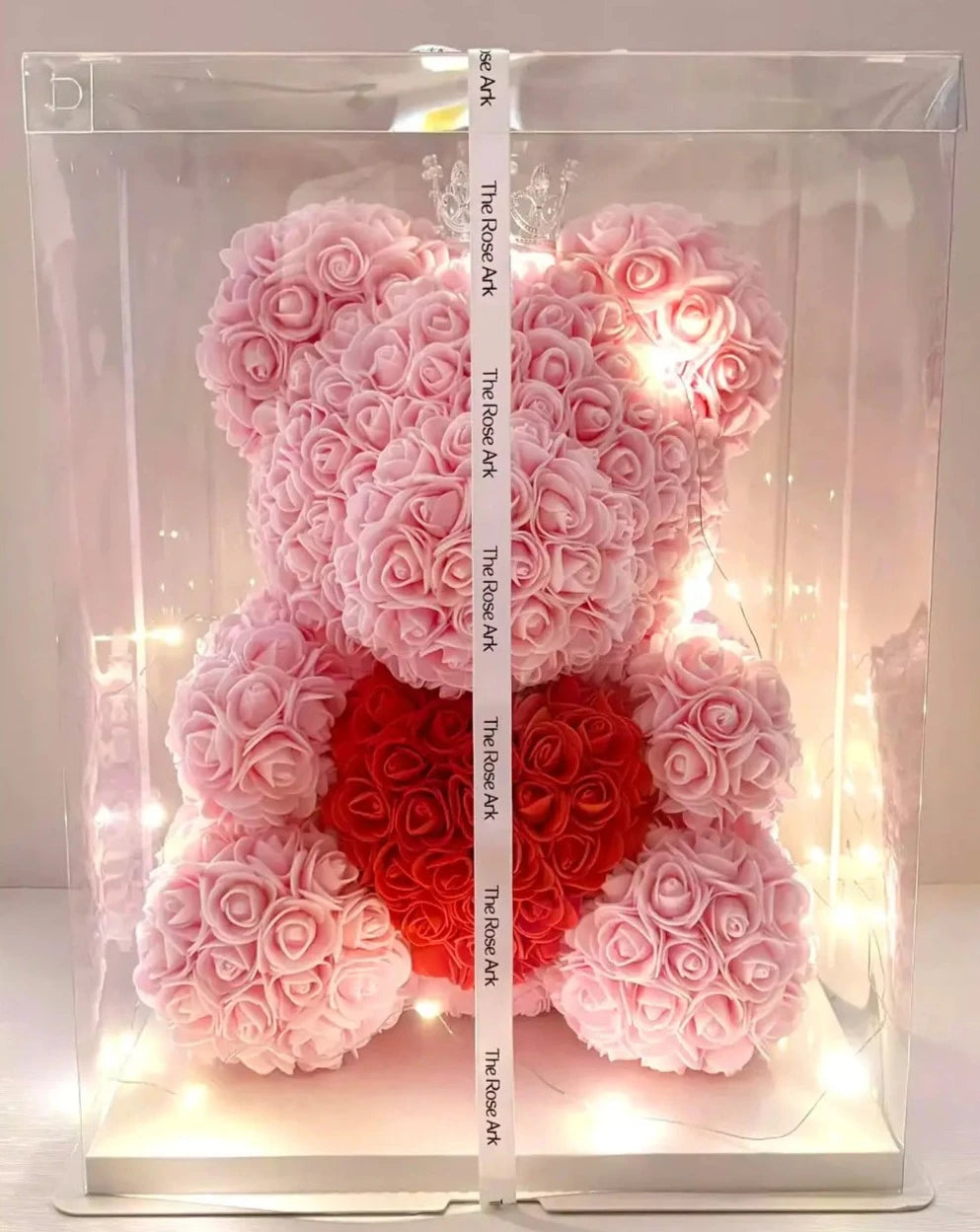 35cm Pink Rose Bear with Red Heart and Fairy Lights in Box The Rose Ark