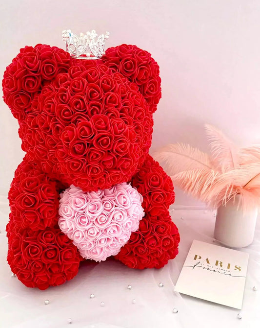 35cm Red Rose Bear with Pink Heart and Crown The Rose Ark