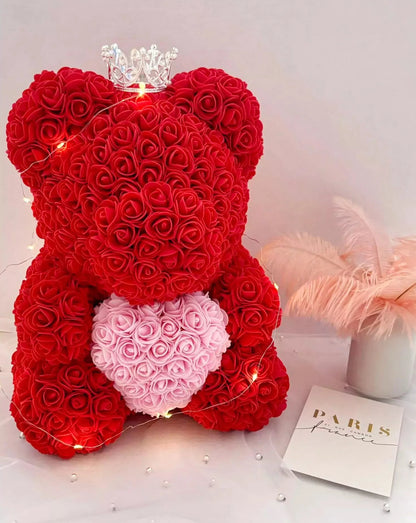 35cm Red Rose Bear with Pink Heart and Fairy Lights The Rose Ark