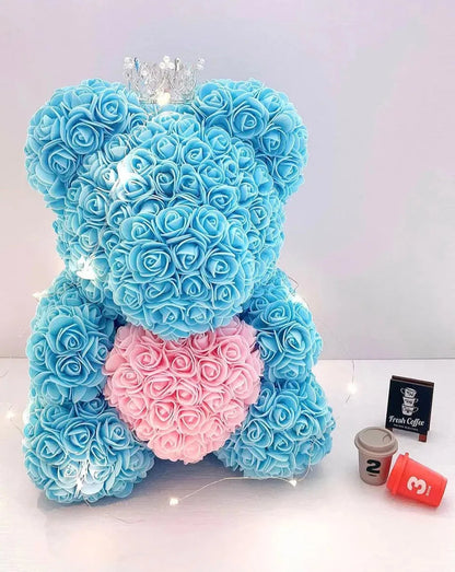 35cm Sky Blue Rose Bear with Pink Heart and Fairy Lights The Rose Ark
