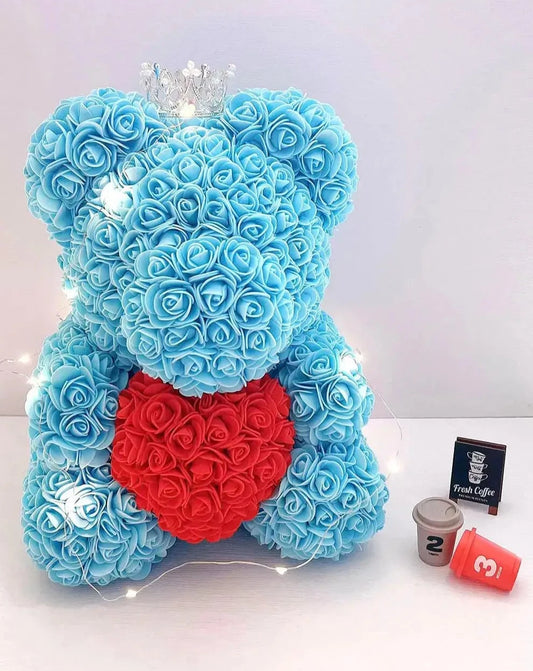 35cm Sky Blue Rose Bear with Red Heart and Fairy Lights The Rose Ark