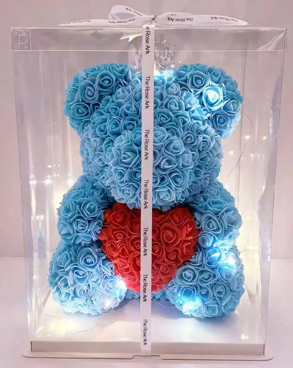 35cm Sky Blue Rose Bear with Red Heart and Fairy Lights in Box The Rose Ark