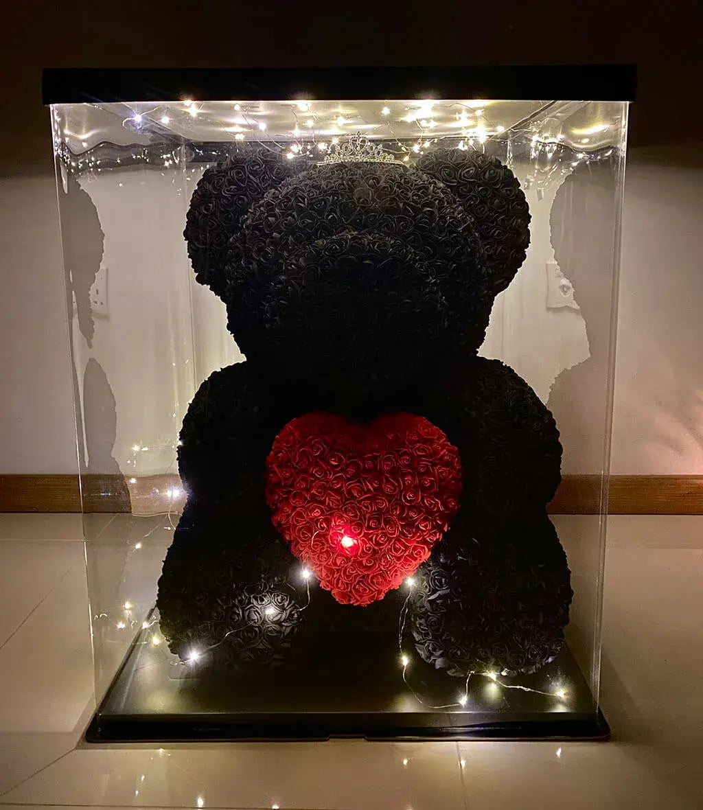 70cm Black Rose Bear with Red Heart and Fairy Lights in Box The Rose Ark