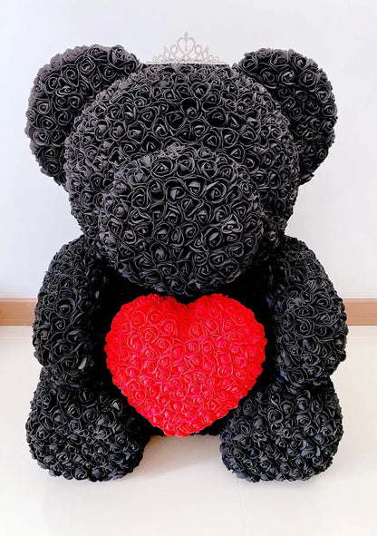 70cm Black Rose Bear with Red Heart and Tiara The Rose Ark