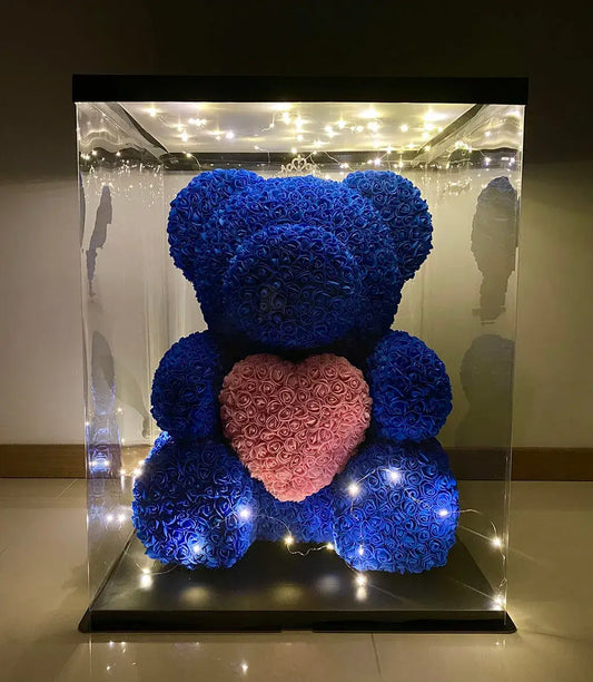 70cm Blue Rose Bear with Pink Heart and Fairy Lights in Box The Rose Ark
