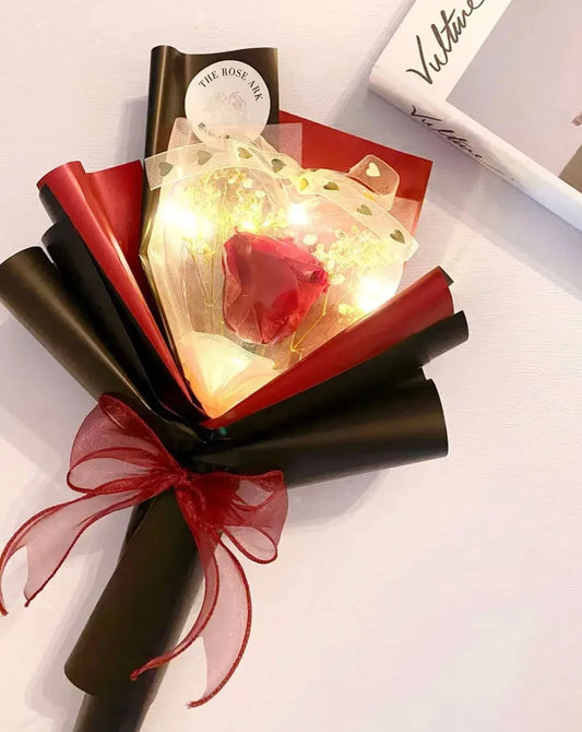 Preserved Red Rose Bouquet with Heart and Fairy Lights The Rose Ark