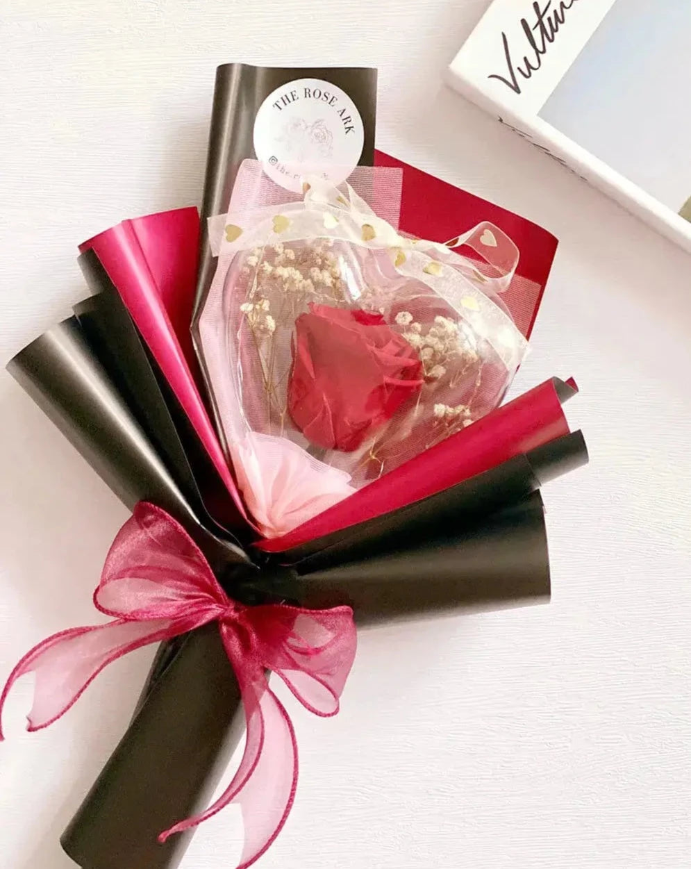 Preserved Red Rose Bouquet with Heart in Black Wrapper The Rose Ark