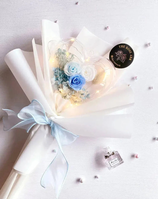 Preserved Blue and White Rose Bouquet with Heart and Fairy Lights The Rose Ark