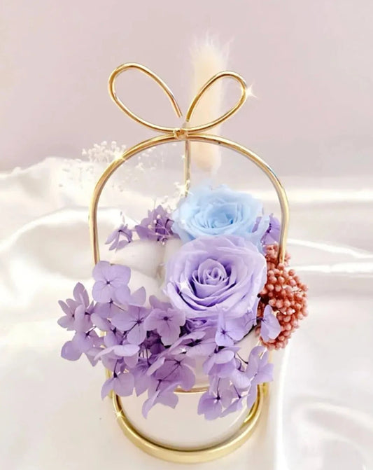 Purple and Blue Preserved Flower Arrangement in Mini Flower Pot with Bunny Ears The Rose Ark