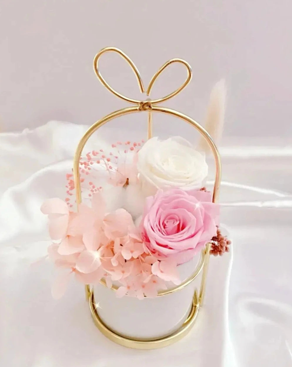 Preserved Pink and White Flower Arrangement in Mini Flower Pot with Bunny Ears The Rose Ark
