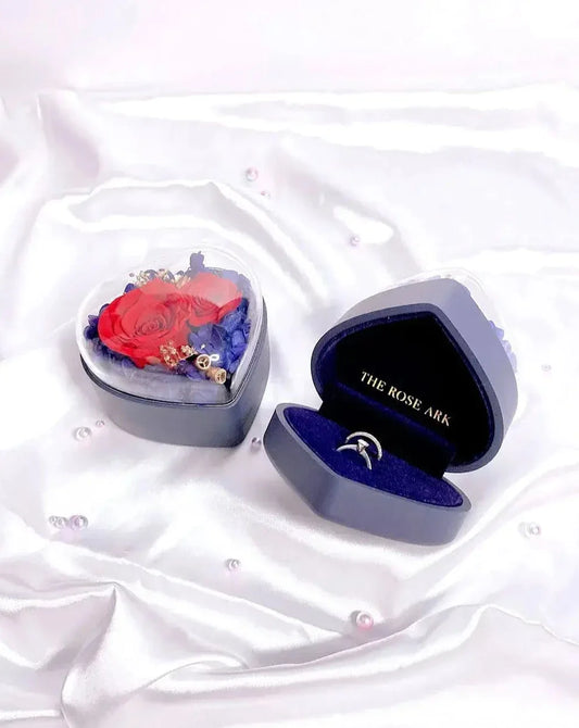 Blue Jewellery Box with Preserved Flowers and Rings The Rose Ark