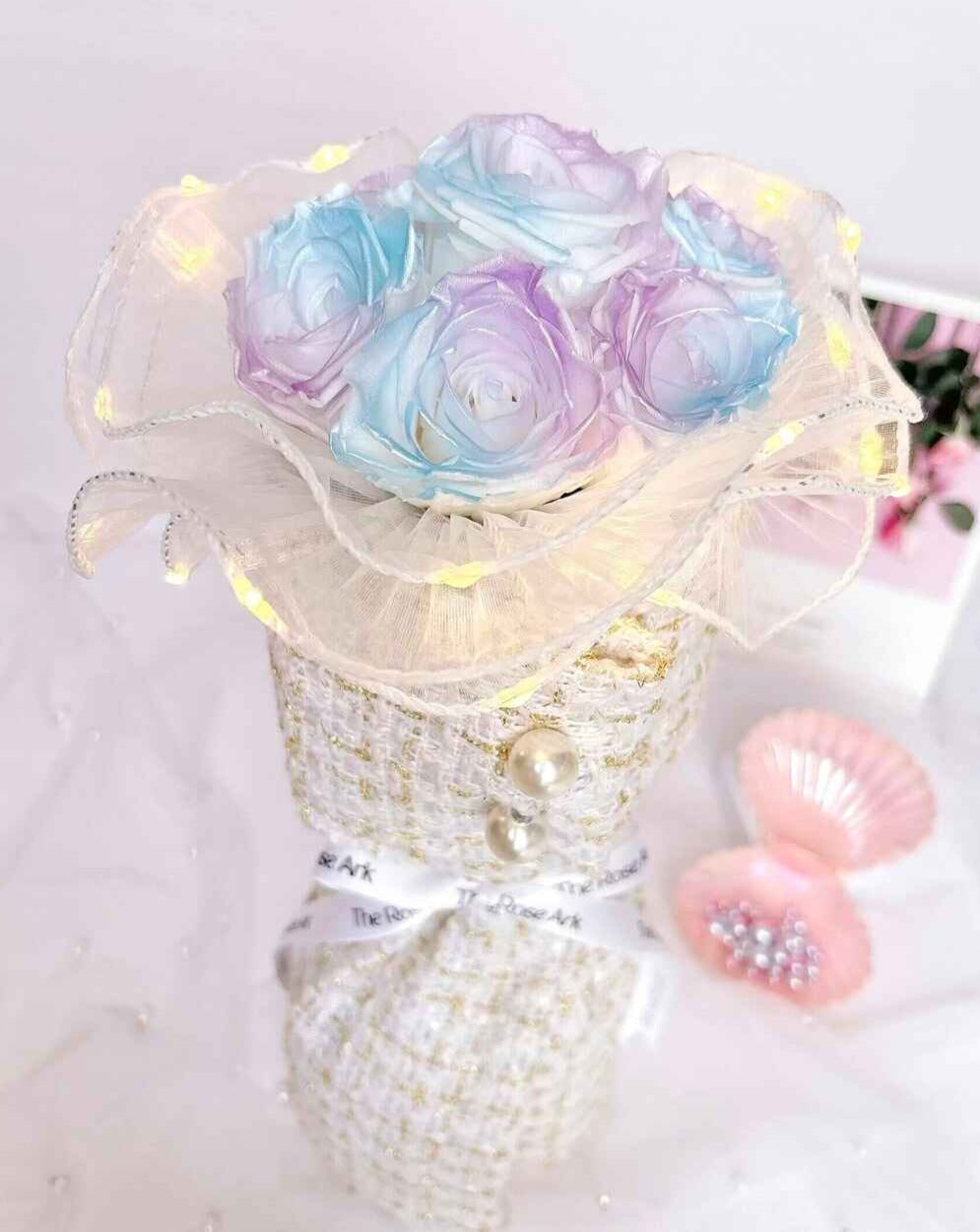 Preserved Purple and Blue Duo Colour Rose Bouquet in White Tweed Fabric The Rose Ark
