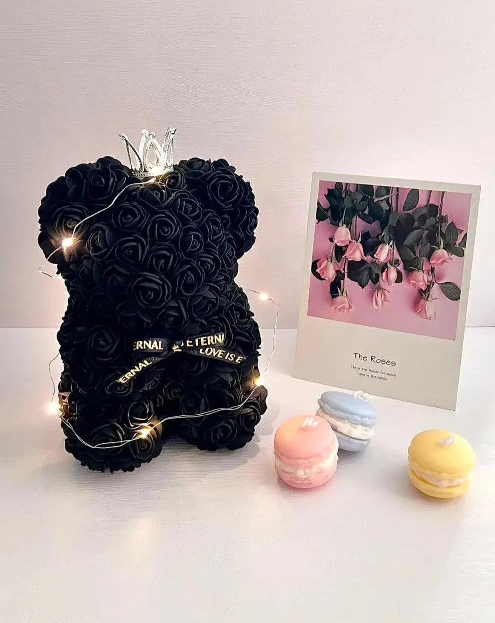 25cm Black Rose Bear with Fairy Lights The Rose Ark