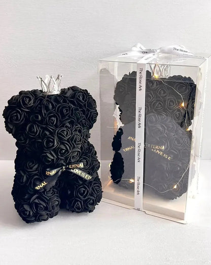 25cm Black Rose Bear with Fairy Lights in Box The Rose Ark