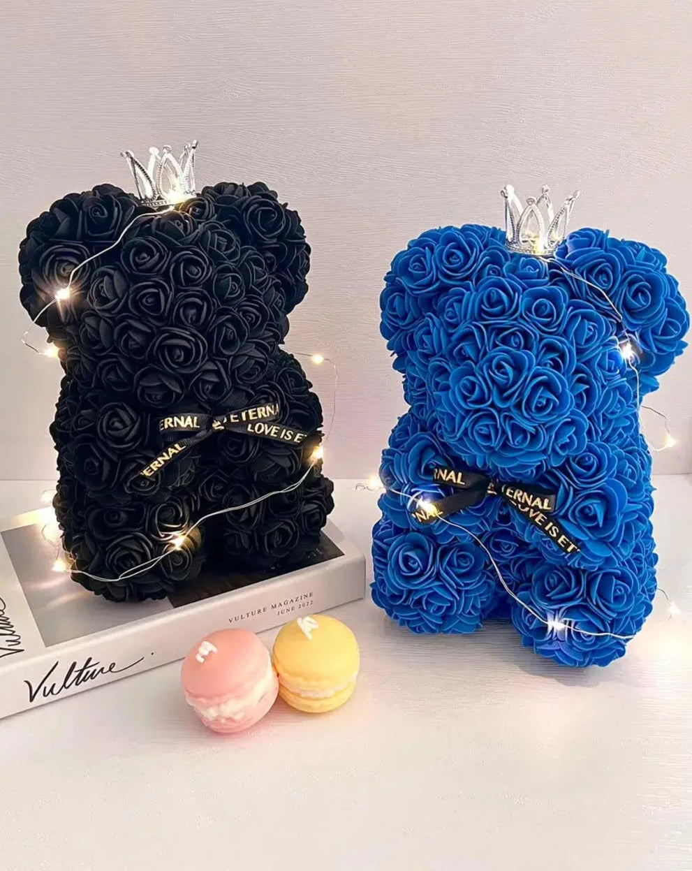 25cm Black and Blue Rose Bear with Fairy Lights The Rose Ark