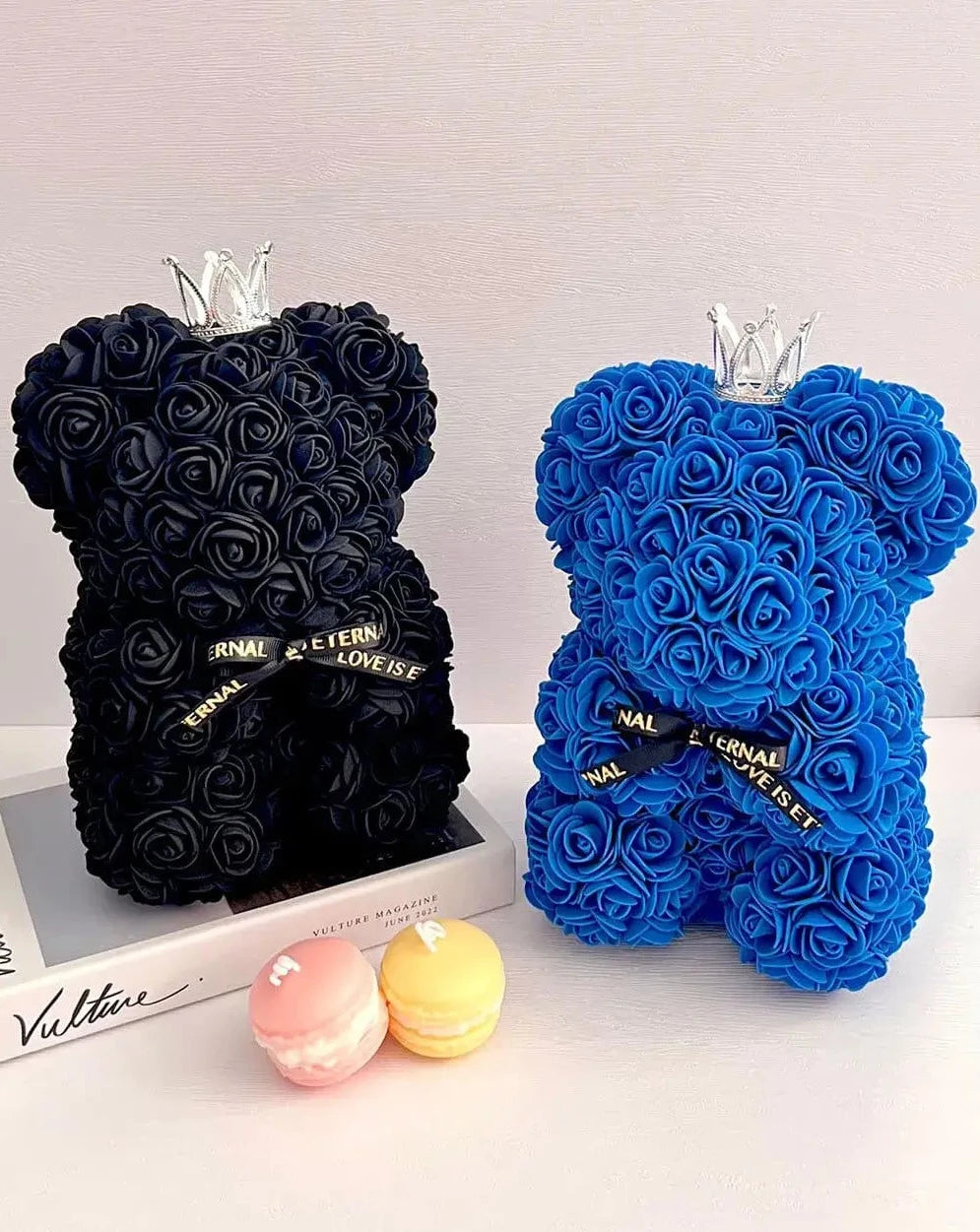 25cm Black and Blue Rose Bear with Crown The Rose Ark