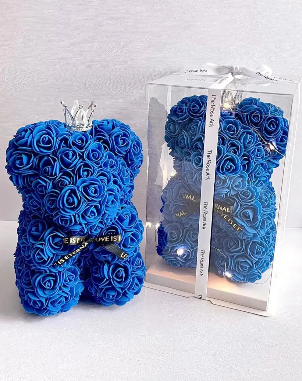 25cm Blue Rose Bear with Fairy Lights in Box The Rose Ark