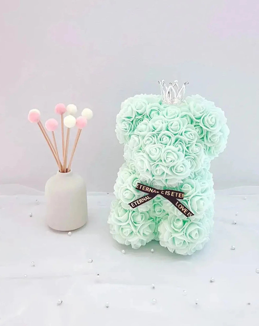 25cm Mint Green Rose Bear with Crown The Rose Ark