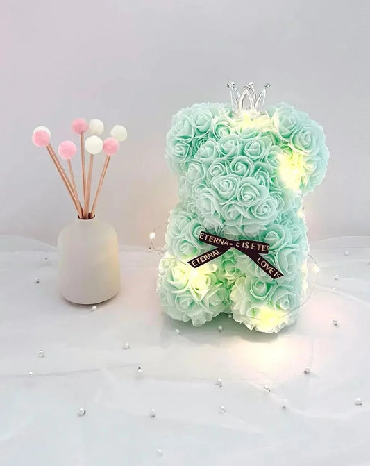 25cm Mint Green Rose Bear with Fairy Lights The Rose Ark