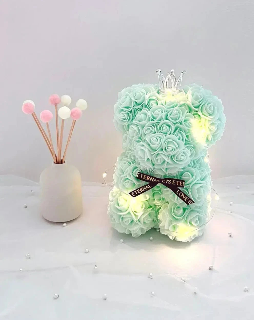 25cm Mint Green Rose Bear with Fairy Lights The Rose Ark