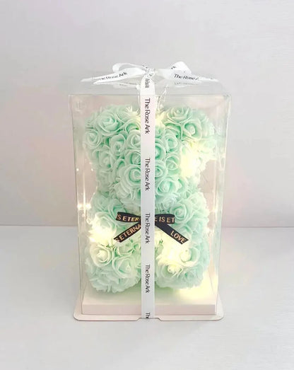 25cm Mint Green Rose Bear with Fairy Lights  in Box The Rose Ark