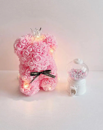 25cm Pink Rose Bear with Fairy Lights The Rose Ark