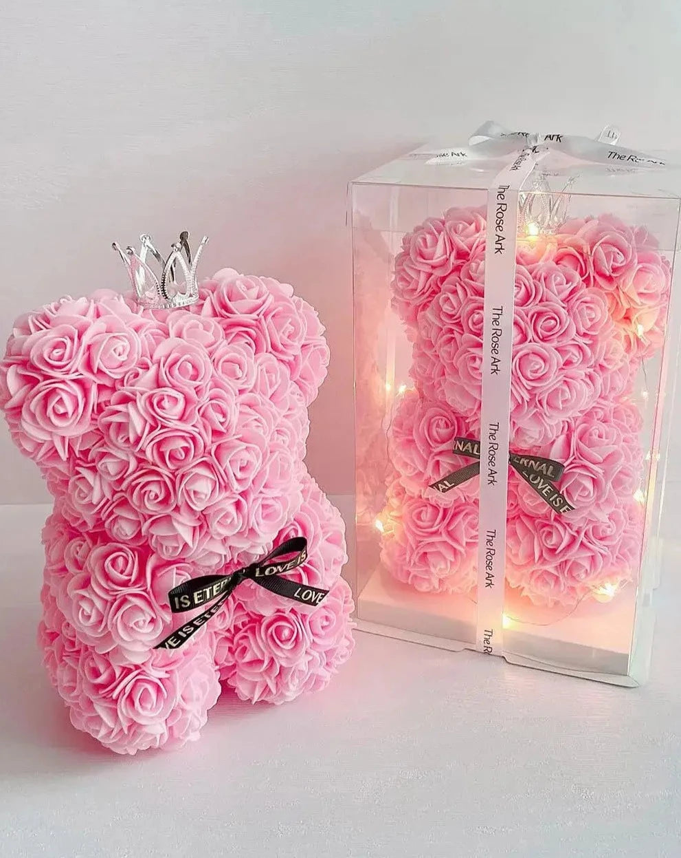 25cm Pink Rose Bear with Fairy Lights in Box The Rose Ark