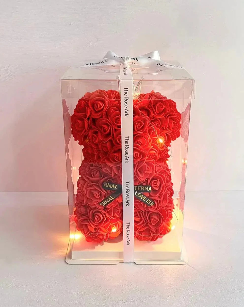 25cm Red Rose Bear with Fairy Lights in Box The Rose Ark