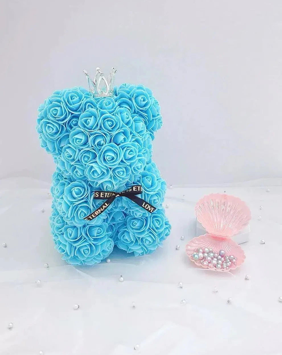 25cm Sky Blue Rose Bear with Crown The Rose Ark