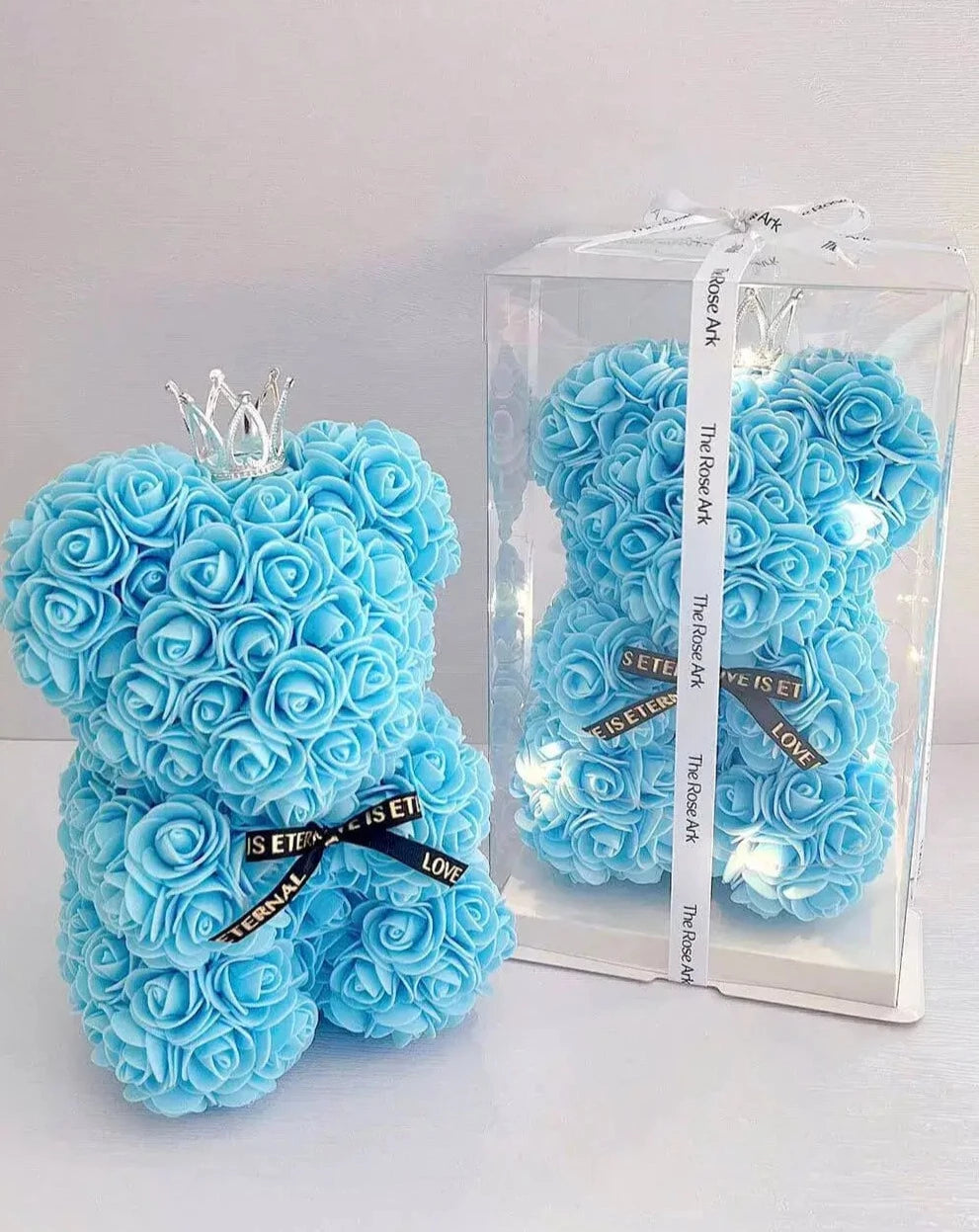 25cm Sky Blue Rose Bear with Fairy Lights in Box The Rose Ark