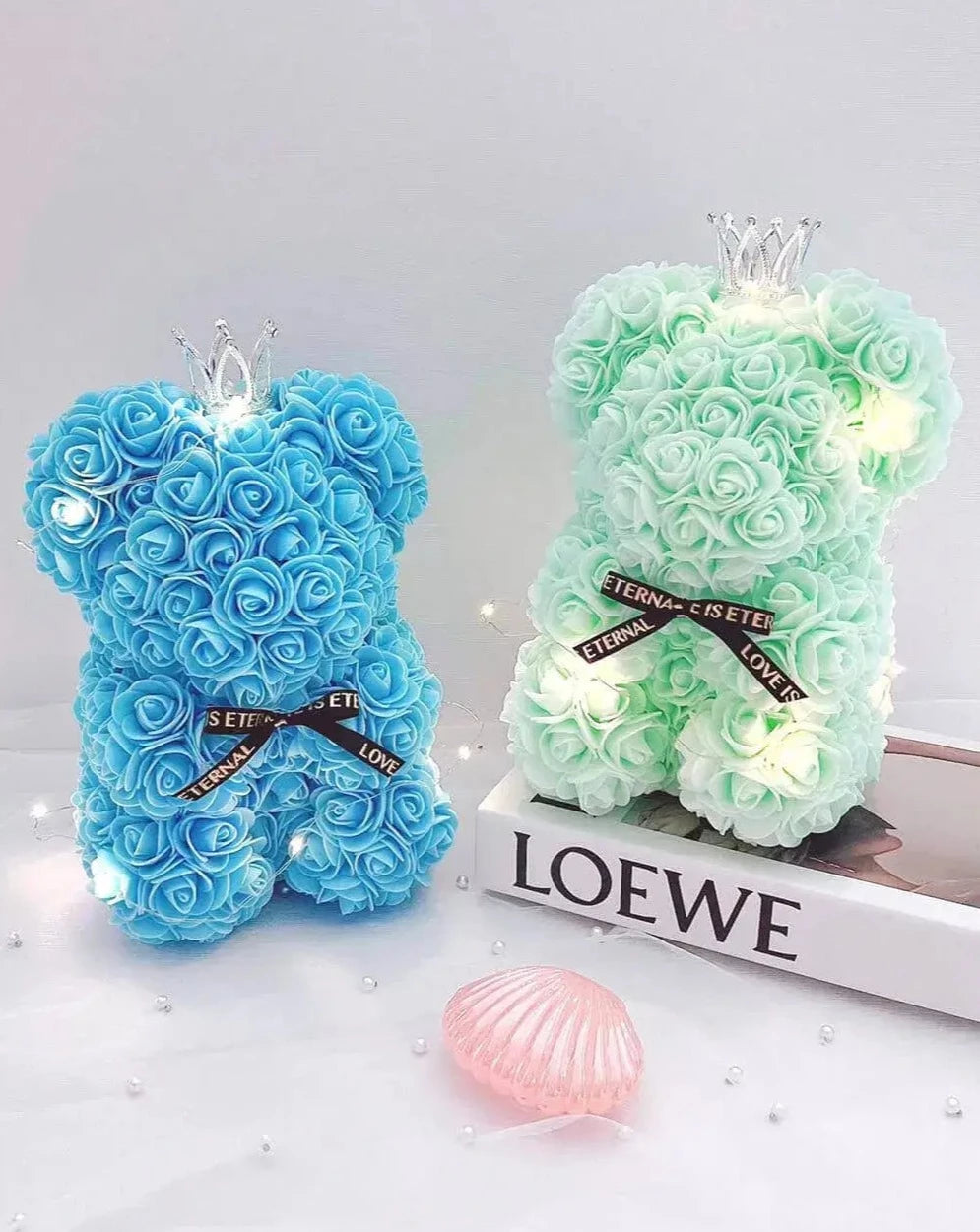 25cm Sky Blue and Mint Green Rose Bear with Fairy Lights The Rose Ark