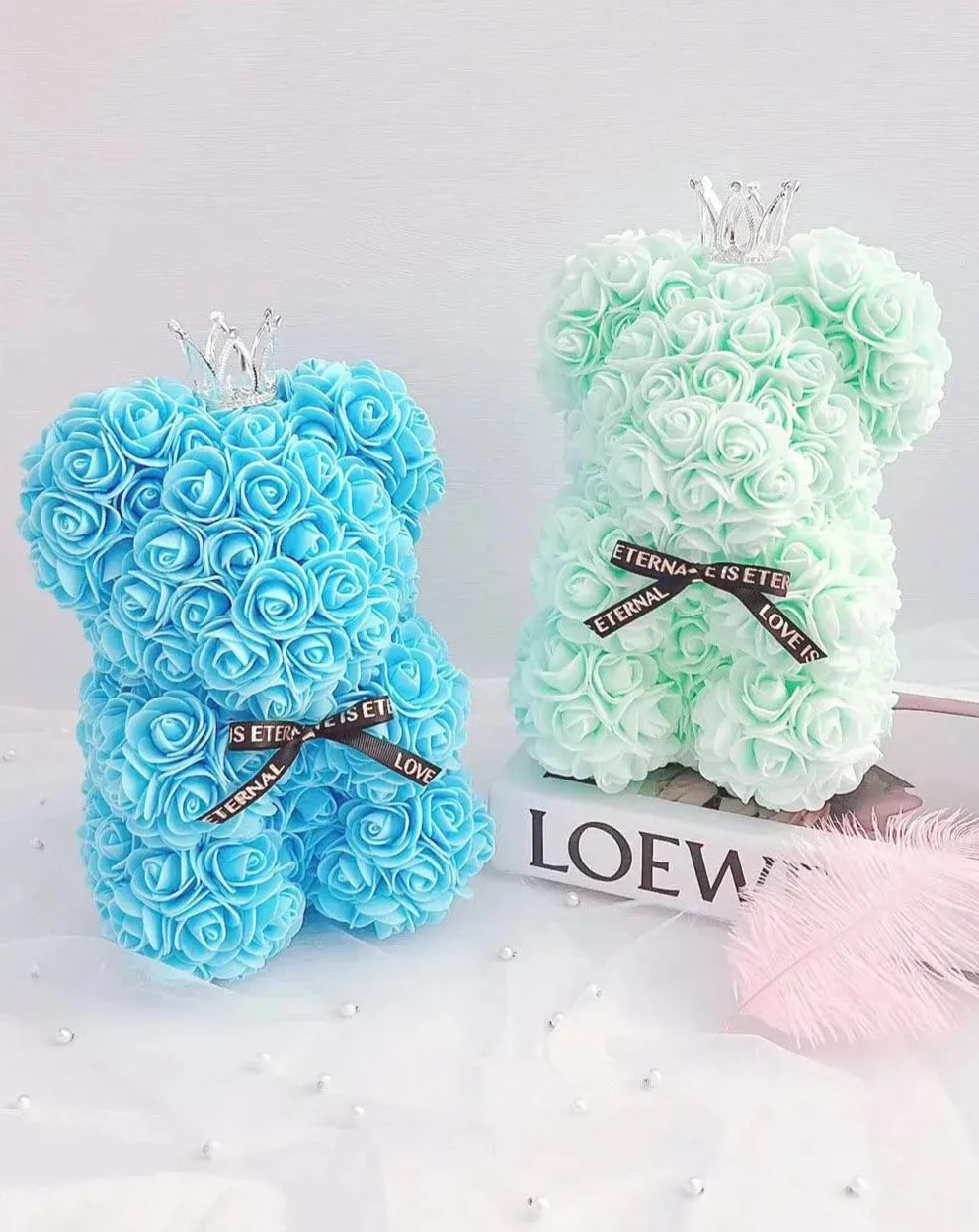 25cm Sky Blue and Mint Green Rose Bear with Crown The Rose Ark
