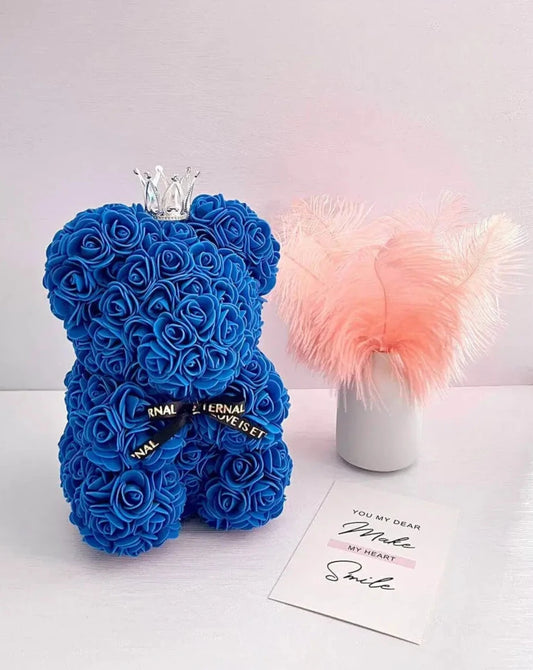 25cm Blue Rose Bear with Crown The Rose Ark