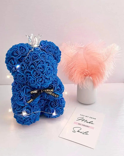 25cm Blue Rose Bear with Fairy Lights The Rose Ark