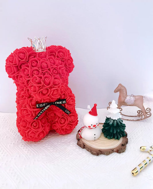 25cm Red Rose Bear with Snowman and Christmas Tree Candle Christmas Gift Set The Rose Ark